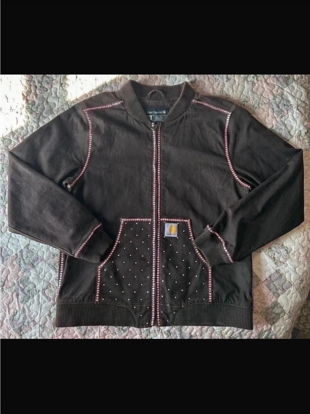 Carhartt Custom Dyed Rhinestone Bling Bomber Collared Zip Up Canvas Jacket
